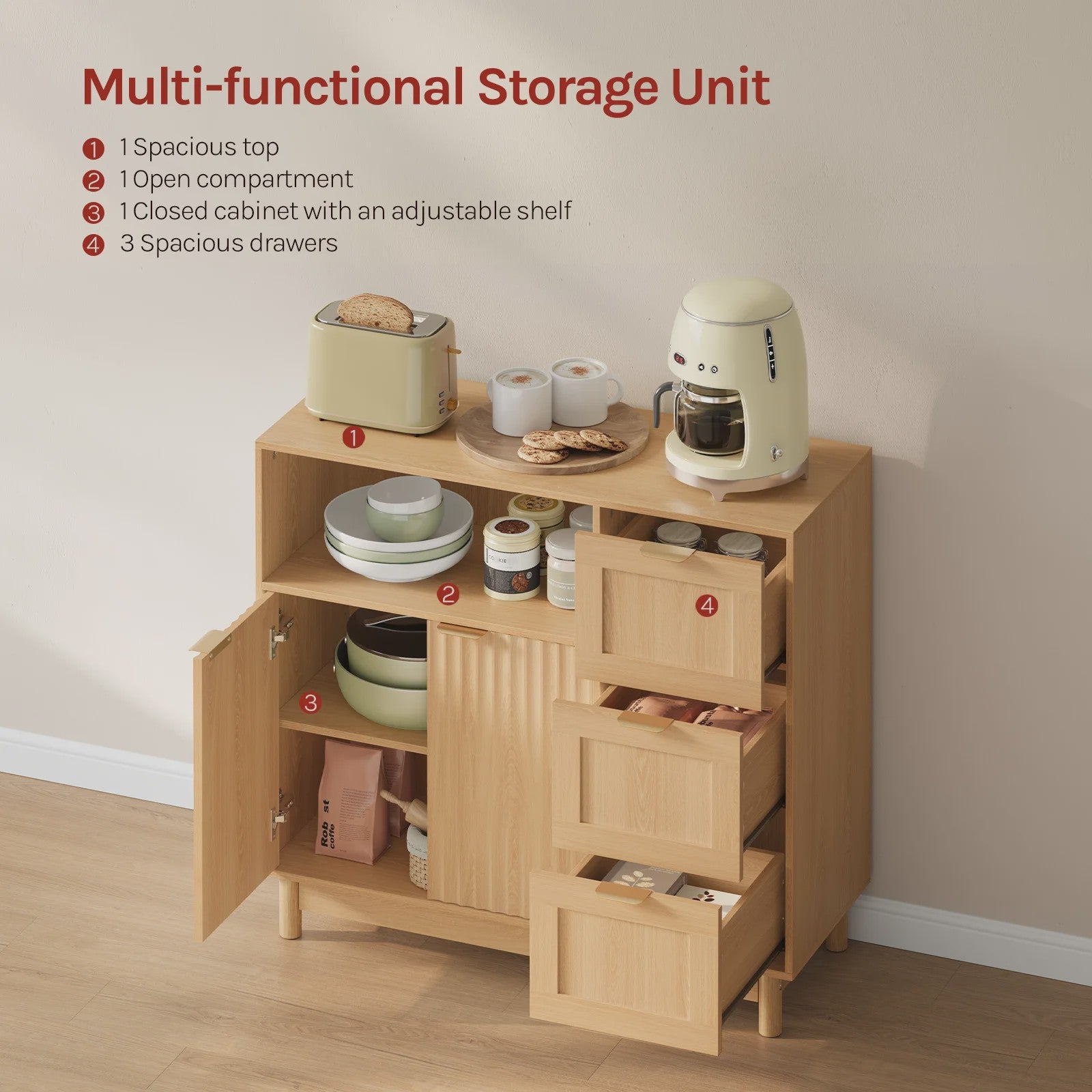 Houten Keukenkast met 3 Lades & Verstelbare Plank - Buffetkast / Sideboard 90x80x35cm
