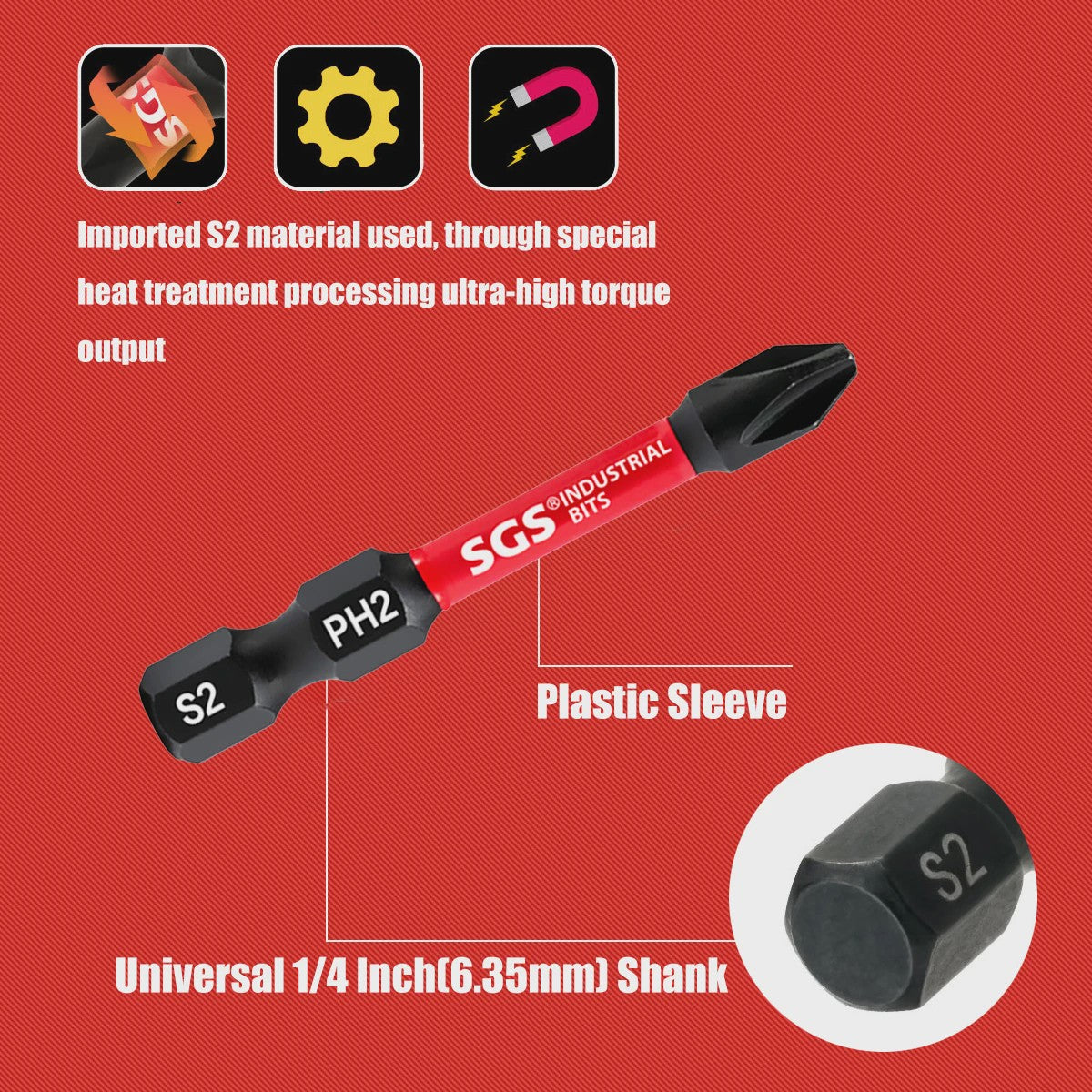 50mm Magnetische Schroefbit Set (10-delig) - S2 Staal - 1/4" Hex Shank