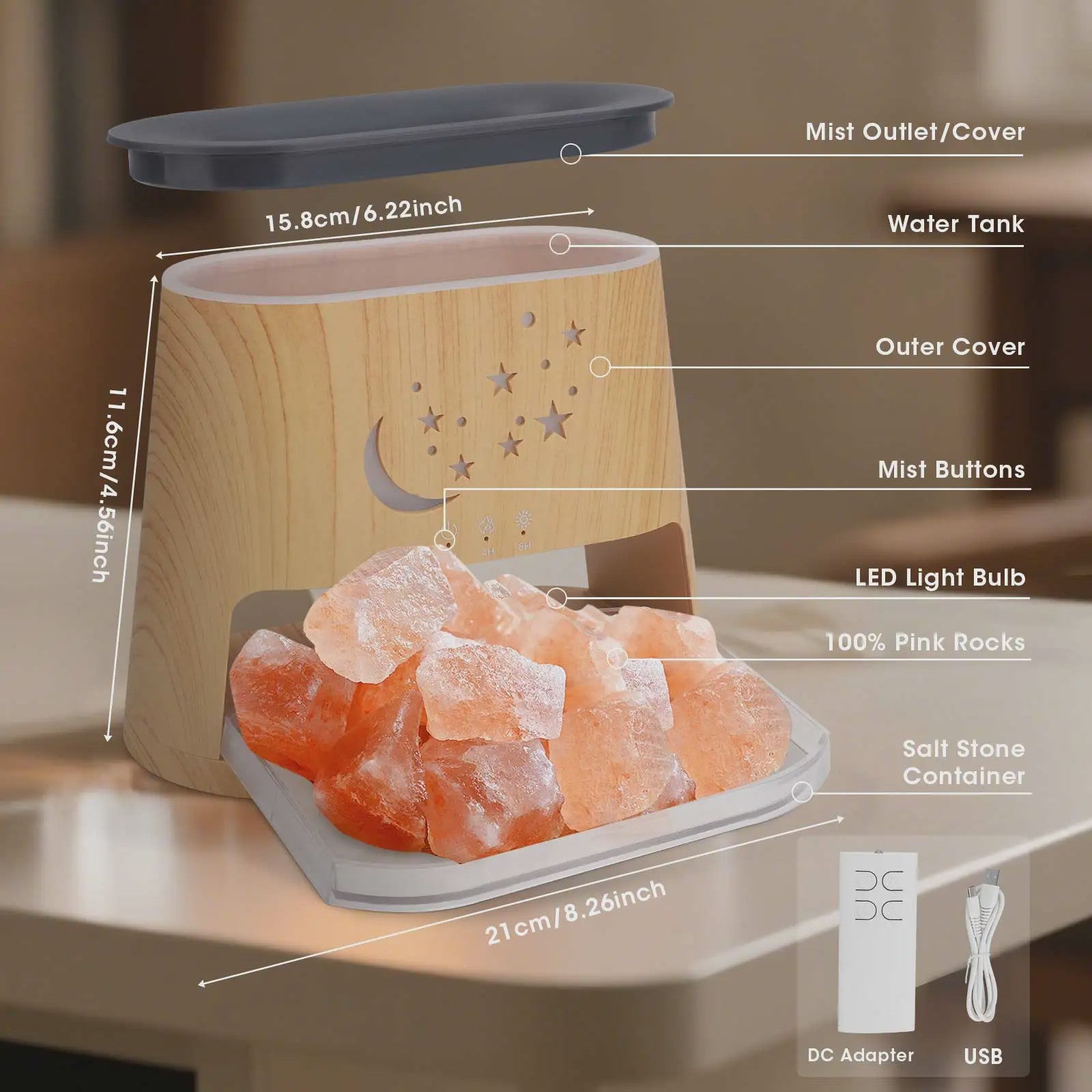 2-in-1 Aroma Diffuser met Himalayazout Lamp & Vlam Effect - 260ML, 7 Kleuren