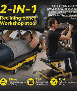 2-in-1 Werkplaatskruk & Monitortafel: Opvouwbare Autoreparatie Stoel met 360° Zwenkwielen