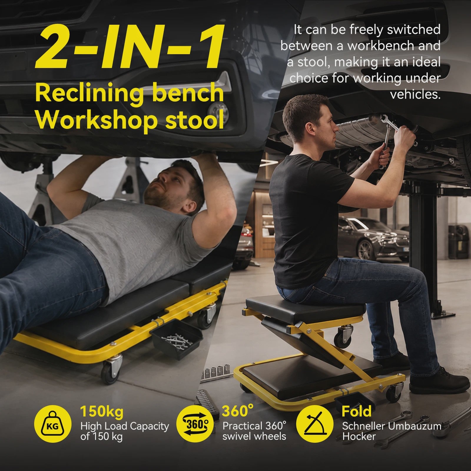 2-in-1 Werkplaatskruk & Monitortafel: Opvouwbare Autoreparatie Stoel met 360° Zwenkwielen