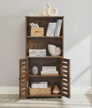 VASAGLE Hoge Kast met Slat Deuren - Boekenkast en Opbergkast in Rustiek Houtdesign