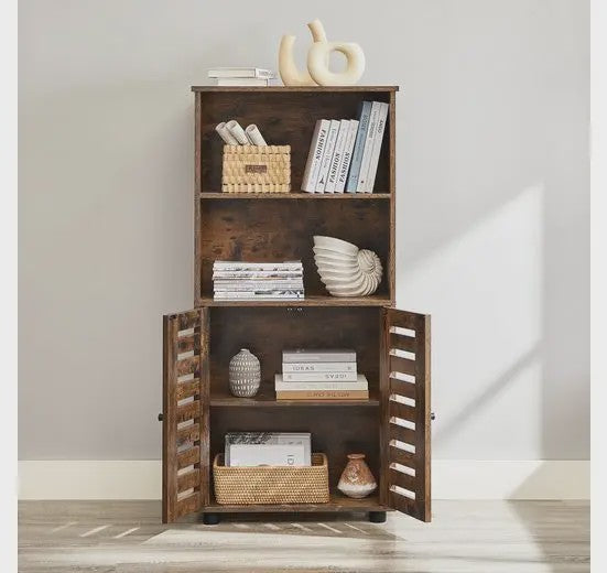 VASAGLE Hoge Kast met Slat Deuren - Boekenkast en Opbergkast in Rustiek Houtdesign