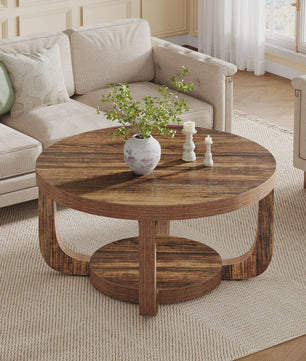 Ronde Salontafel met 2 Niveaus en Opslag - Modern Houten Accent Tafel