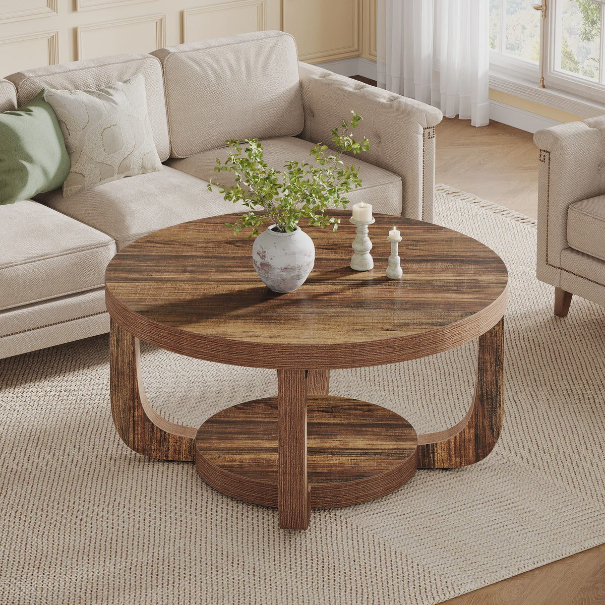 Ronde Salontafel met 2 Niveaus en Opslag - Modern Houten Accent Tafel