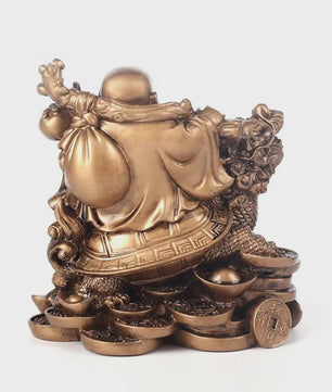 Gouden Lachende Boeddha Beeld met Draak en Schildpad - Feng Shui Decoratie