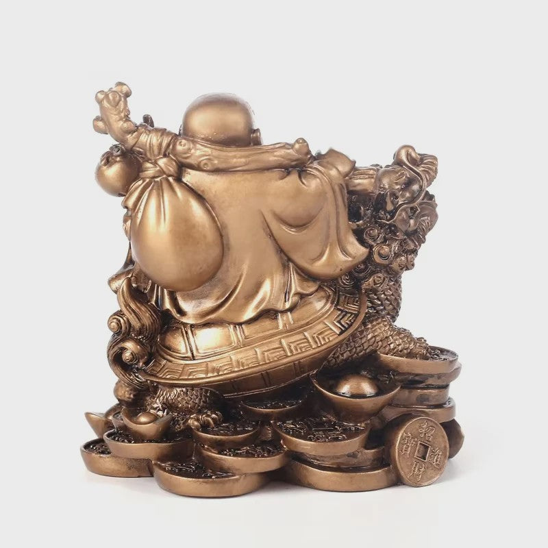 Gouden Lachende Boeddha Beeld met Draak en Schildpad - Feng Shui Decoratie