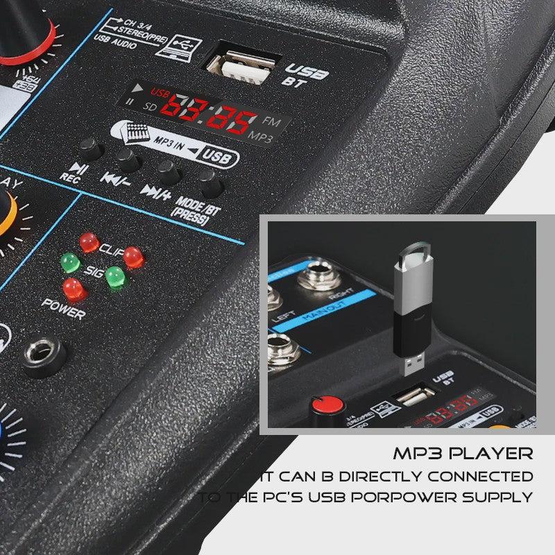 4-Kanaals DJ Mixer Console met Bluetooth, USB en 48V Fantoomvoeding