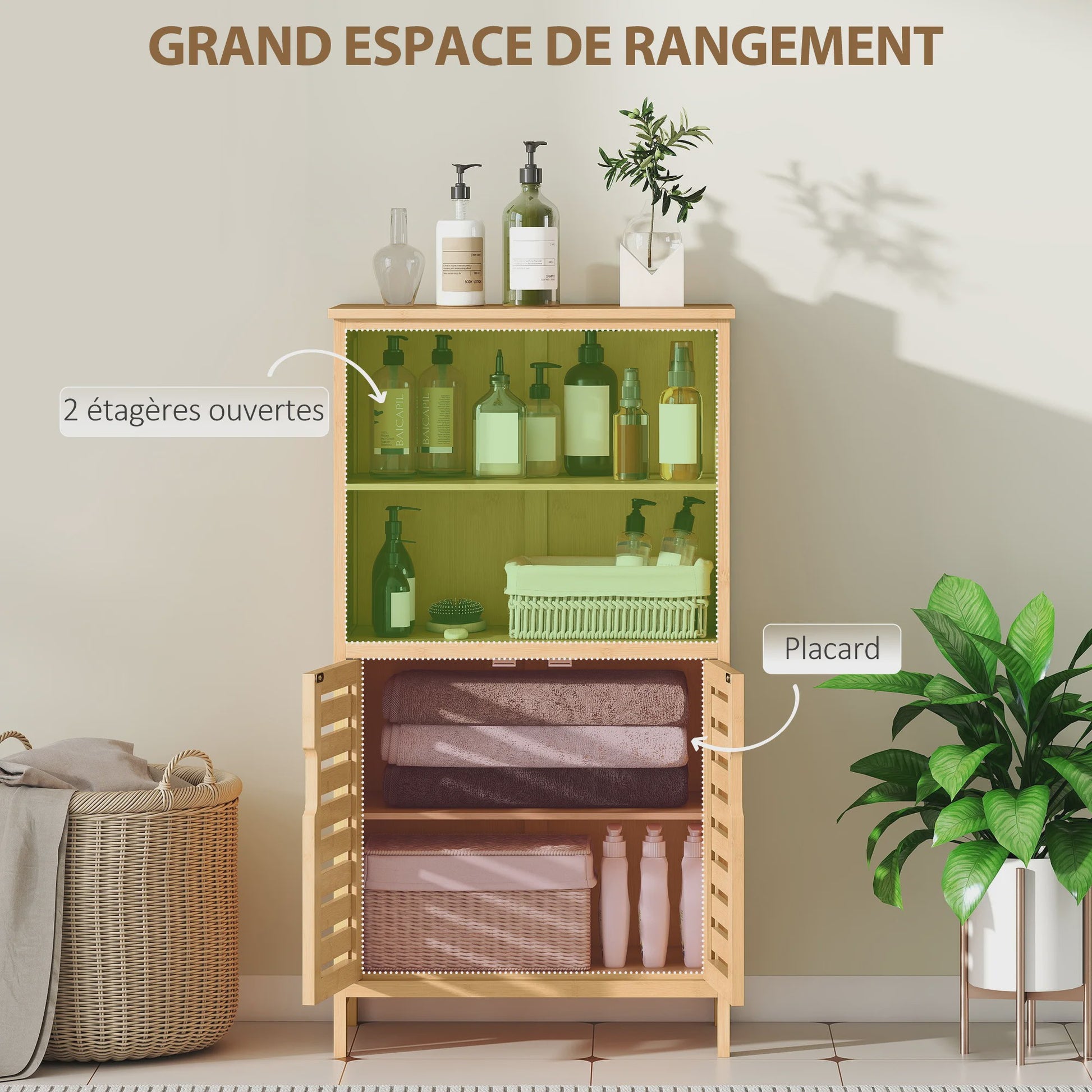 Kleankin Bamboe Badkamerkast met 2 Deuren en Open Vakken - 50x29x92 cm