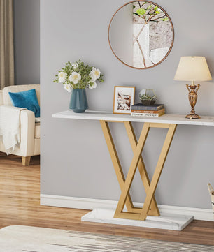Industriële Console Tafel 110cm - Marmerlook & Goudkleurig Metaal - Hal & Woonkamer