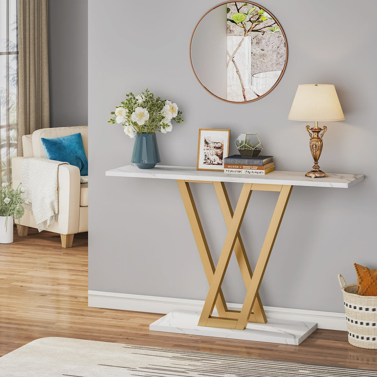 Industriële Console Tafel 110cm - Marmerlook & Goudkleurig Metaal - Hal & Woonkamer