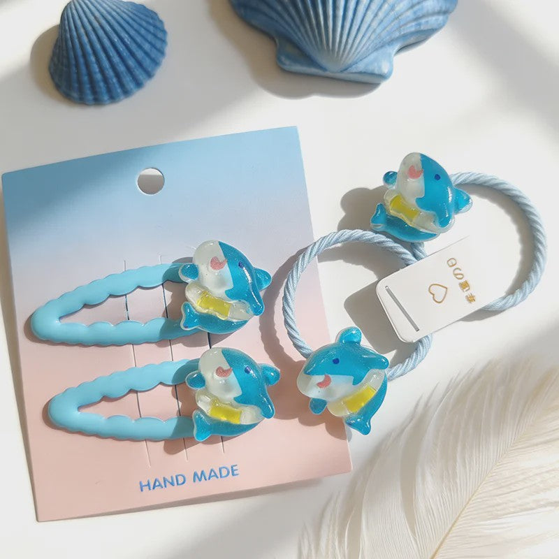 Schattige Haarklemmen & Elastiekjes Set met Haai & Visjes - 4 Delig