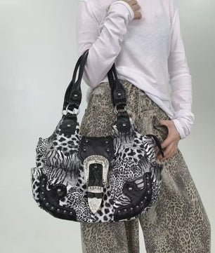 Y2K Leopard Print Patchwork Tote Bag met Ritsen en Meerdere Vakken - Retro Crossbody Handtas