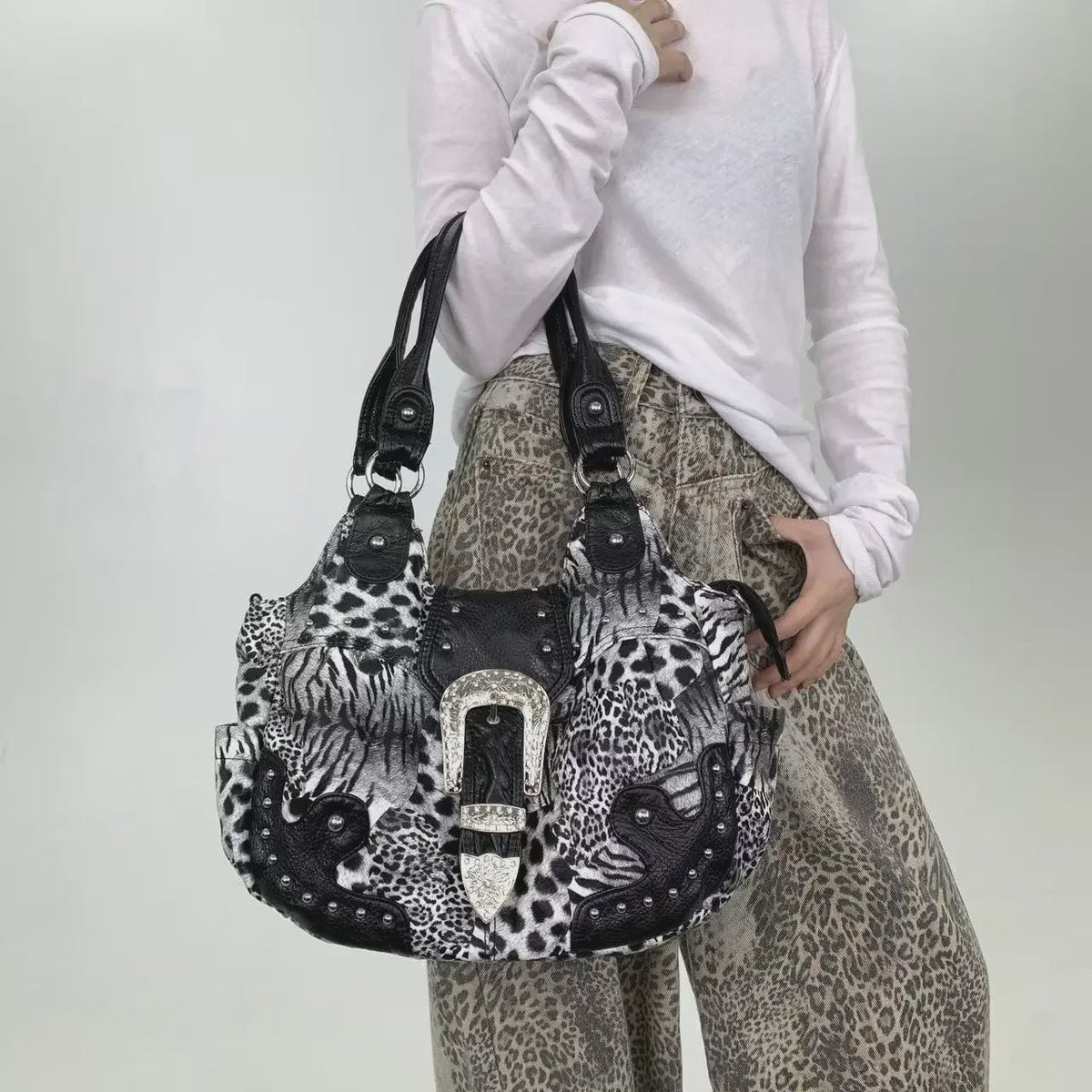 Y2K Leopard Print Patchwork Tote Bag met Ritsen en Meerdere Vakken - Retro Crossbody Handtas