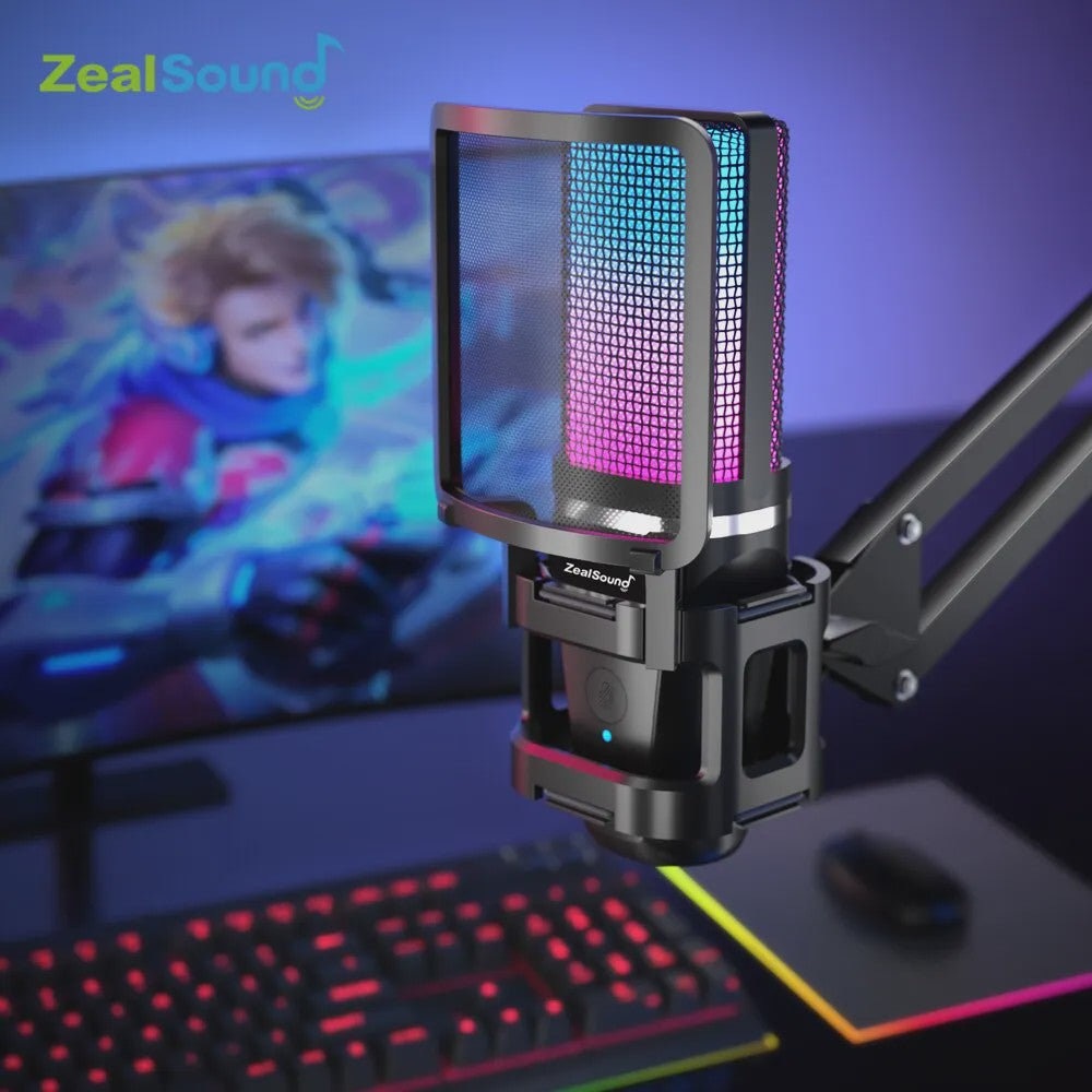 Zealsound RGB Opname Microfoon met Arm & Statief - USB Condenser voor Gaming, Podcast & Streaming