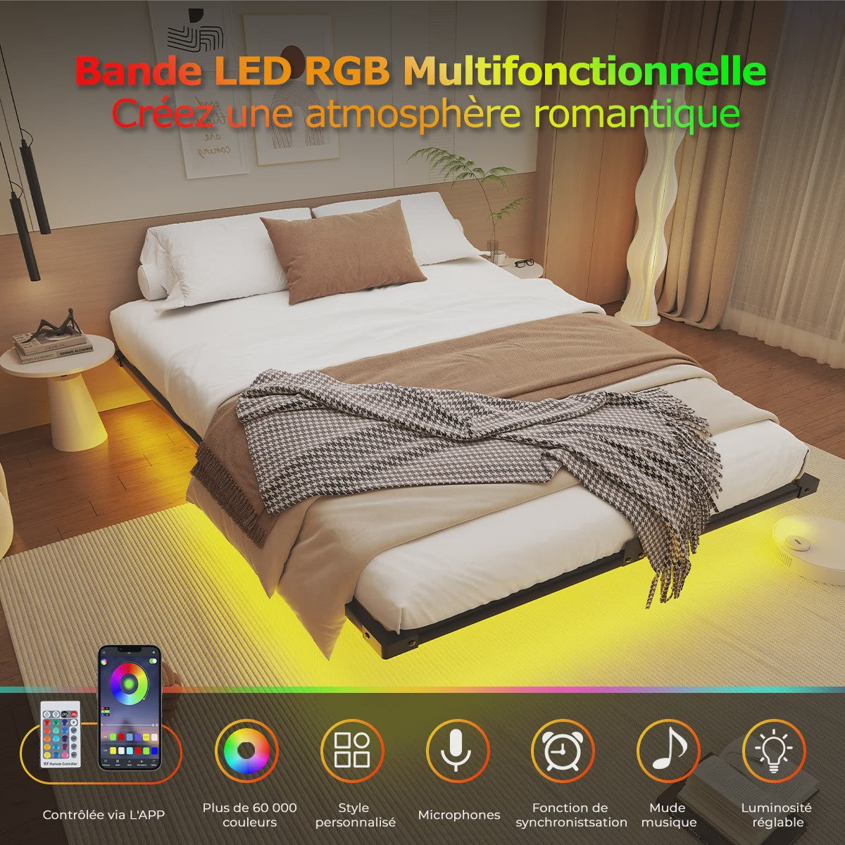 Zwevend Metalen Bedframe met LED Verlichting - Modern Platform Bed