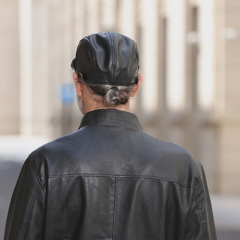Stijlvolle Leren Baret voor Heren - Imitatie Schapenvacht Pet