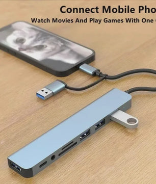 8-in-2 USB-C Hub met SD/TF Kaartlezer, 3.5mm Audio & USB 3.0 Extender voor MacBook/PC/Laptop