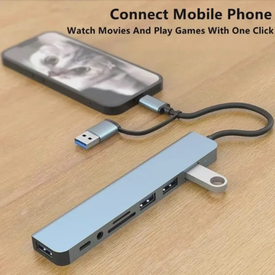 8-in-2 USB-C Hub met SD/TF Kaartlezer, 3.5mm Audio & USB 3.0 Extender voor MacBook/PC/Laptop
