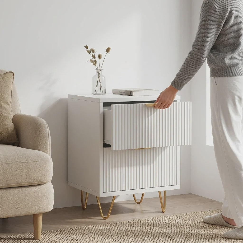 Moderne Witte Nachtkastje met 2 Lades en Gouden Poten - Scandinavisch Design