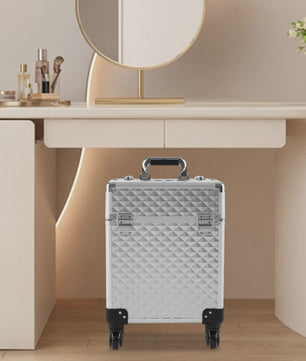 Zilveren Verrijdbare Make-up Koffer - Grote Professionele Trolley voor Cosmetica