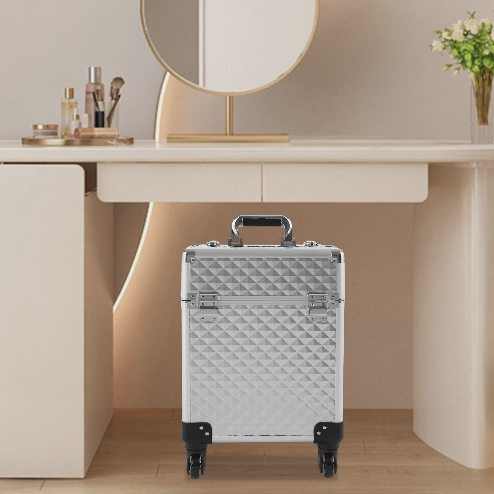 Zilveren Verrijdbare Make-up Koffer - Grote Professionele Trolley voor Cosmetica