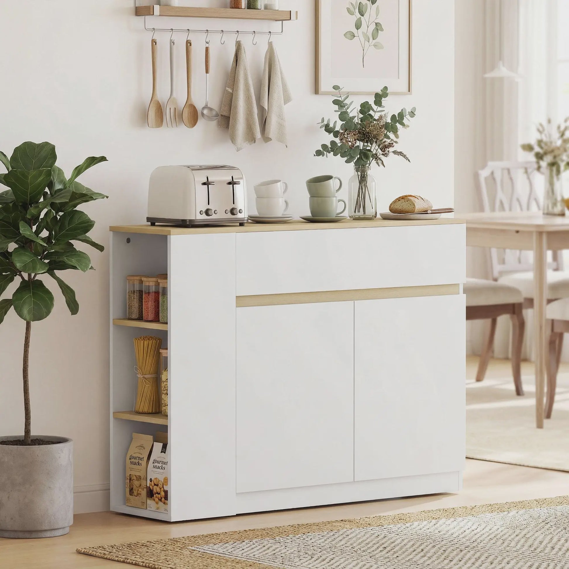 Stijlvol Wit Sideboard met 2 Deuren, 1 Lade en 3 Open Planken - 110 cm Breed