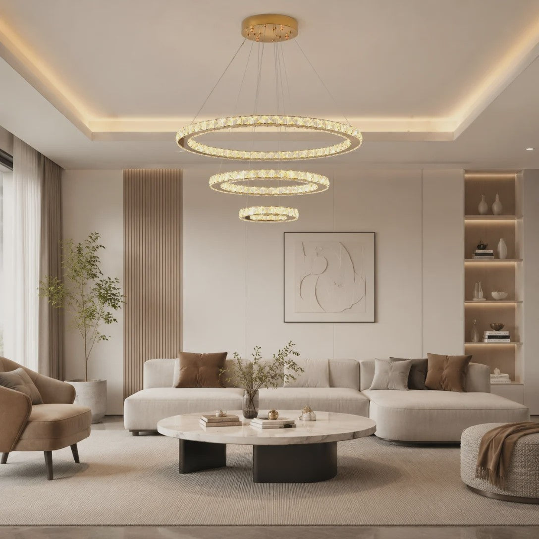 Luxe Kristallen Plafondlamp 3 Ringen LED Hanglamp - Sfeervolle Verlichting
