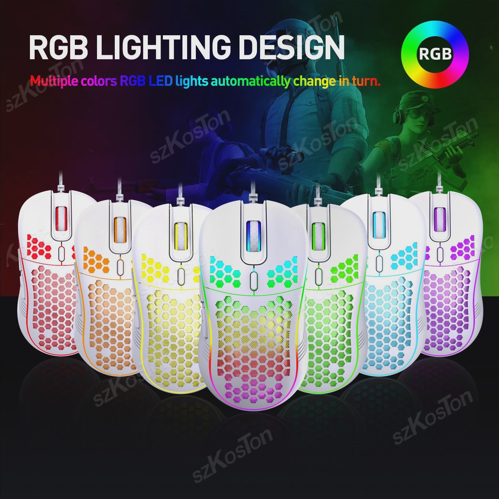 RGB Gaming Muis met Honingraat Design, 7200 DPI, Ergonomisch & Bedraad
