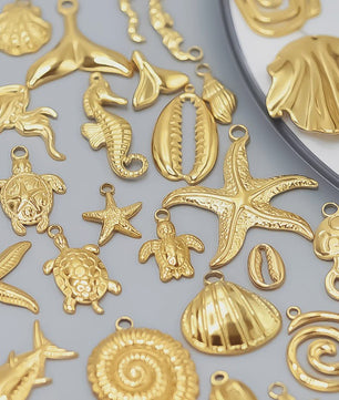 6x Goudkleurige Zee Dieren Bedeltjes Set - Schildpad, Schelp, Zeester - DIY Sieraden Maken