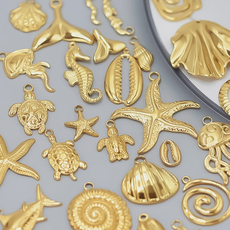 6x Goudkleurige Zee Dieren Bedeltjes Set - Schildpad, Schelp, Zeester - DIY Sieraden Maken