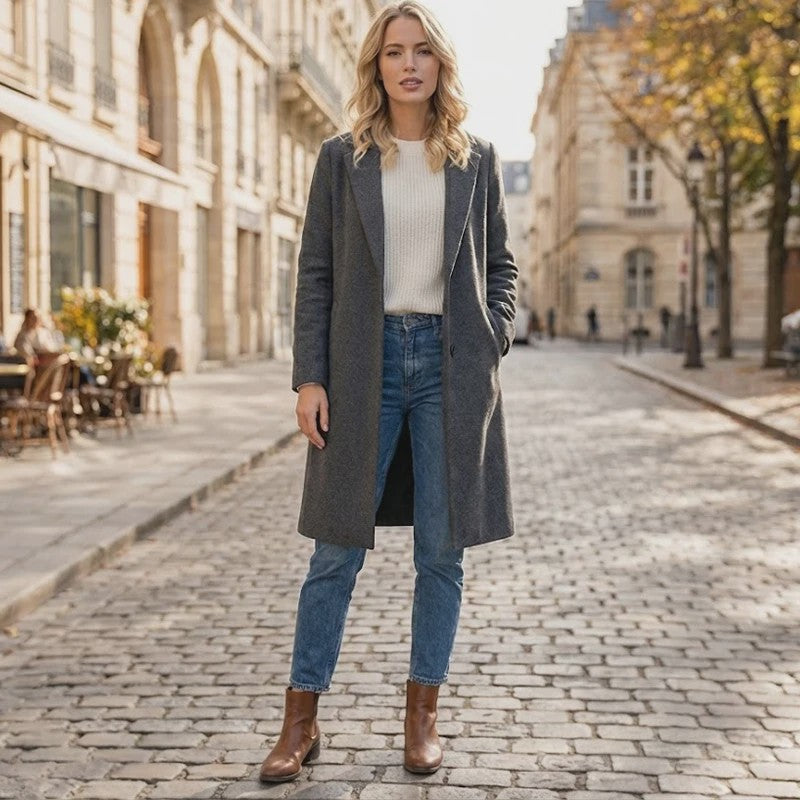 Lange Dames Trenchcoat met Open Steek en Vintage V-hals