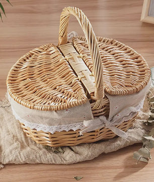 Handgemaakte Riet Picknickmand met Deksel en Handvat - Willow Woven Opbergmand