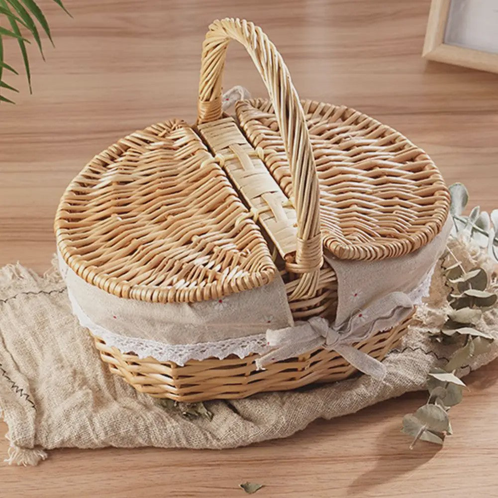 Handgemaakte Riet Picknickmand met Deksel en Handvat - Willow Woven Opbergmand