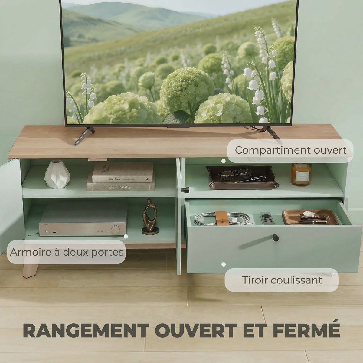 SediaXL TV Meubel 120 cm Lichtgroen met 2 Deuren, Lade en Open Vak - Geschikt voor TV's tot 36 inch