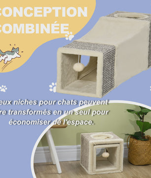 PawHut Katten Tunnel Speelgoed met Hangende Bal en Sisal - 98x30x30 cm Crème