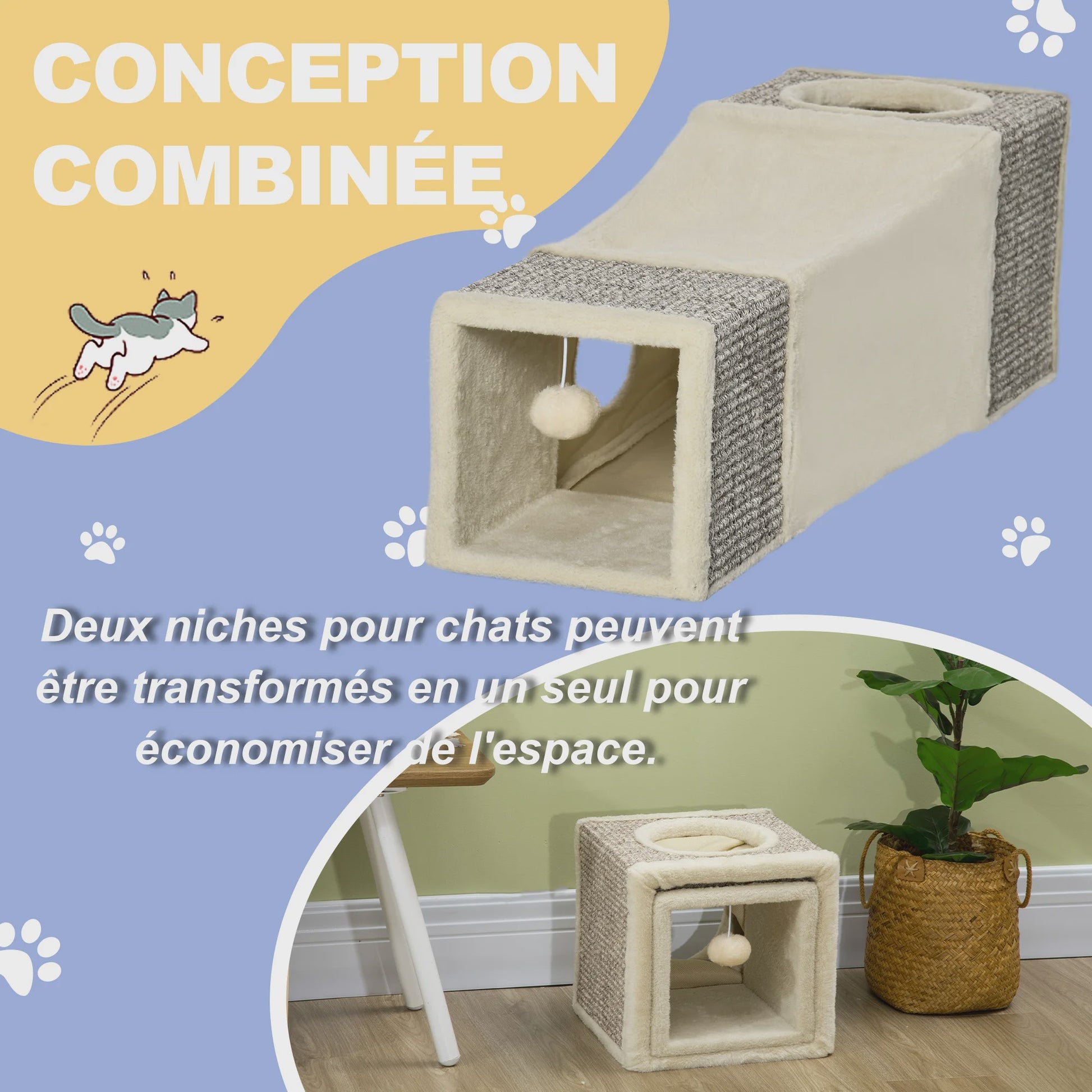 PawHut Katten Tunnel Speelgoed met Hangende Bal en Sisal - 98x30x30 cm Crème