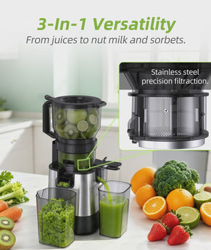 BioloMix 3-in-1 Slow Juicer: Sap, Sorbet & Notenmelk - 150mm Brede Vulopening, 300W Digitaal Display