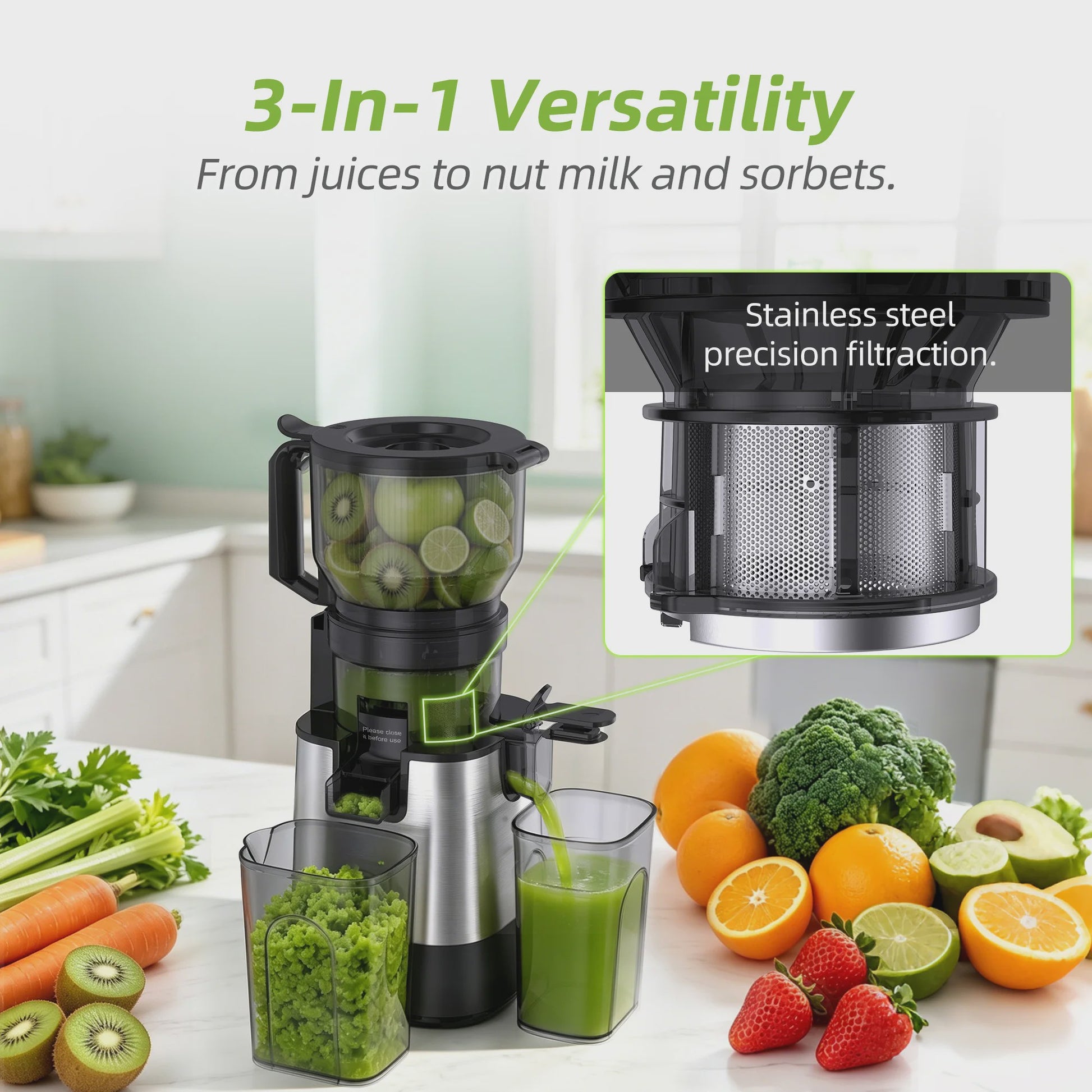 BioloMix 3-in-1 Slow Juicer: Sap, Sorbet & Notenmelk - 150mm Brede Vulopening, 300W Digitaal Display