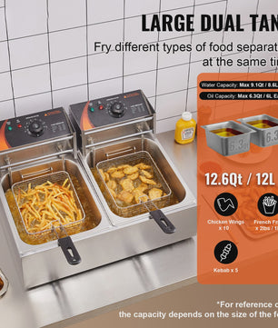 Dubbele Professionele Elektrische Frituurpan 12L - 3000W RVS - Ideaal voor Friet & Kip