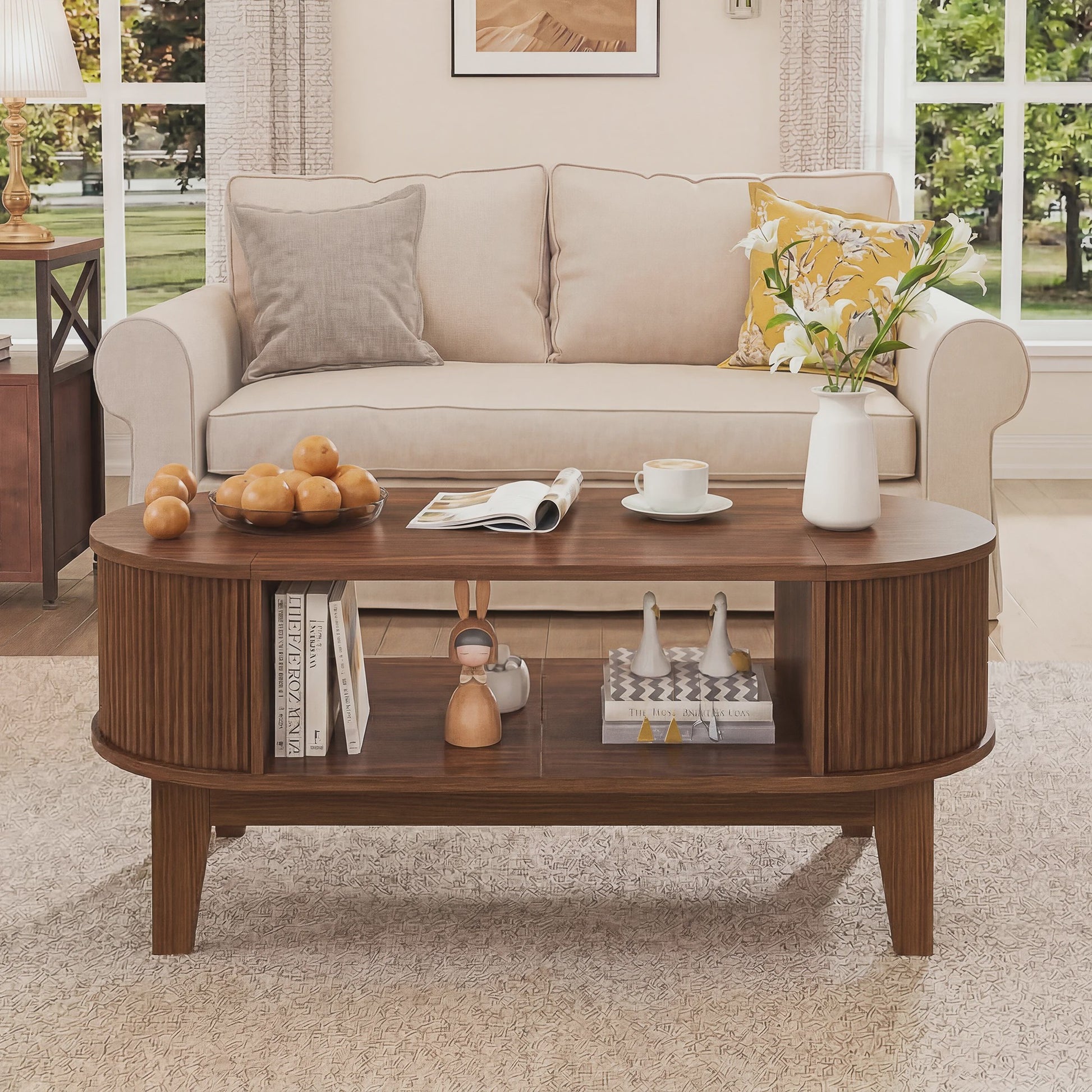Elegante Retro Koffietafel met Dubbele Verborgen Opbergruimte en Flip-Top, Bruin