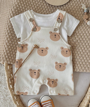 Schattige Baby Jumpsuit met Berenprint en T-shirt - Zomerkleding voor Jongens & Meisjes