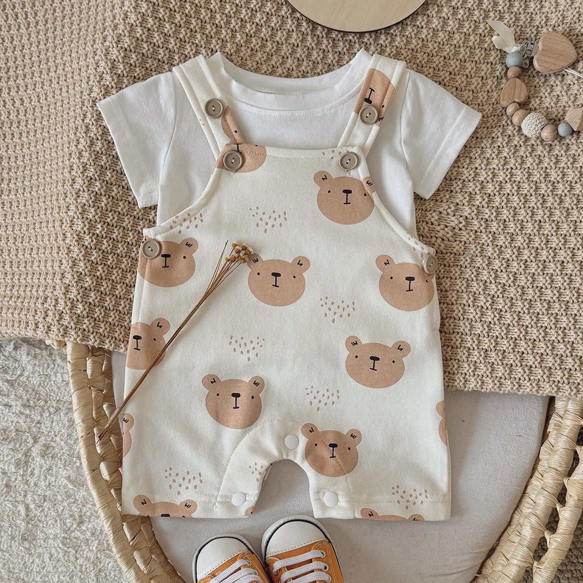 Schattige Baby Jumpsuit met Berenprint en T-shirt - Zomerkleding voor Jongens & Meisjes