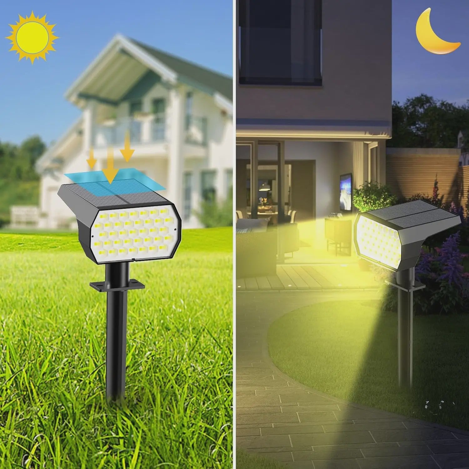 Solar Tuinspots Buiten - 74 LED, 3 Kleuren, IP65 Waterdicht, 2-in-1 Grondspots voor Tuin, Pad & Oprit