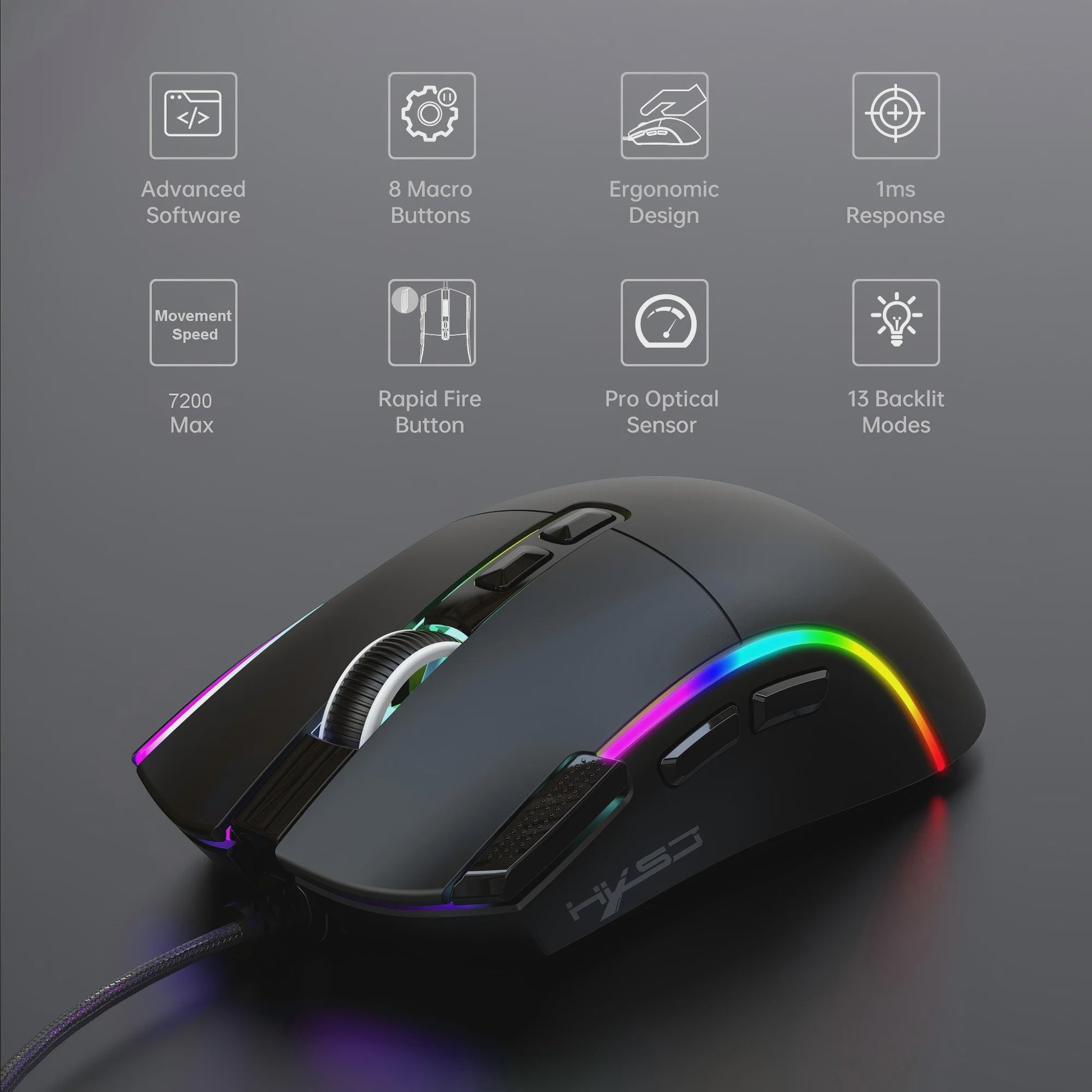 HXSJ X1 Bedrade Gaming Muis: Ergonomisch, RGB Verlichting, 8 Macro Knoppen & 7200 DPI