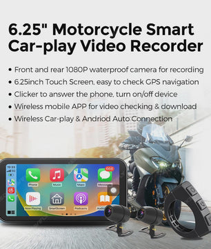 6.25" Motorfiets Navigatie & DVR met Draadloze CarPlay/Android Auto - Waterdicht IP67