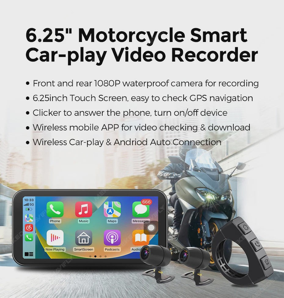 6.25" Motorfiets Navigatie & DVR met Draadloze CarPlay/Android Auto - Waterdicht IP67