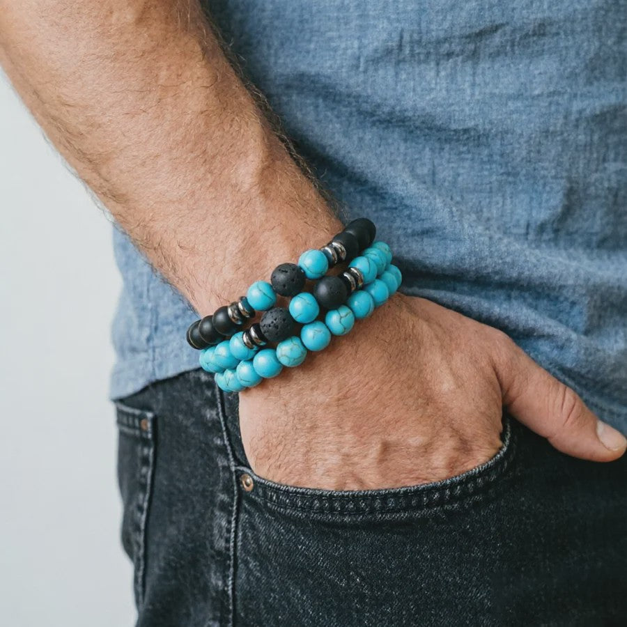 Set van 3 Heren Armbanden: Tijgeroog, Lavasteen & Onyx - Natuursteen