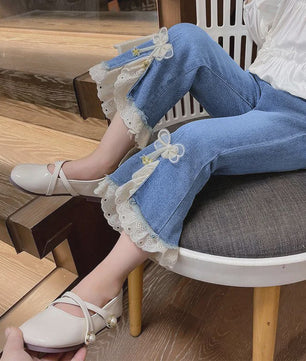 Bell-bottom Jeans voor Meisjes met Kraaltjes en Kant - Modieuze Stretch Denim Broek