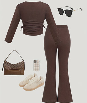 Kids Girls 2 Piece Brown Waffle Knit Ruched Drawstring Crop Top & Flare Pants Set Casual Daily Outfit